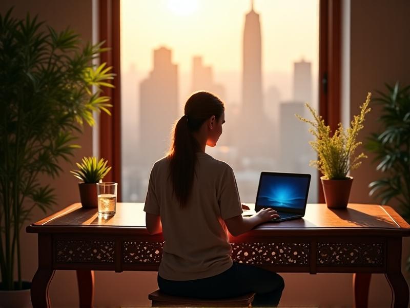 A person sitting at a wooden desk with a laptop, performing a mindful body scan. Warm daylight streams through a window, illuminating their alert posture, feet flat on the floor, and hands resting gently on the keyboard. The scene conveys focused calmness and ergonomic alignment.