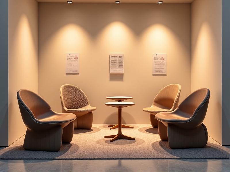 A collection of dynamic seating options: a kneeling chair, wobble stool, and air cushion arranged in a bright showroom with spec sheets. Neutral background with focus on product details like curvature and materials.