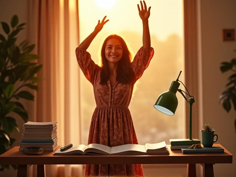 A person smiling while raising their arms in a stretch at a minimalist desk, surrounded by organized notebooks and a green desk lamp. Warm golden-hour lighting creates a vibrant, motivational atmosphere with soft blurs emphasizing motion.