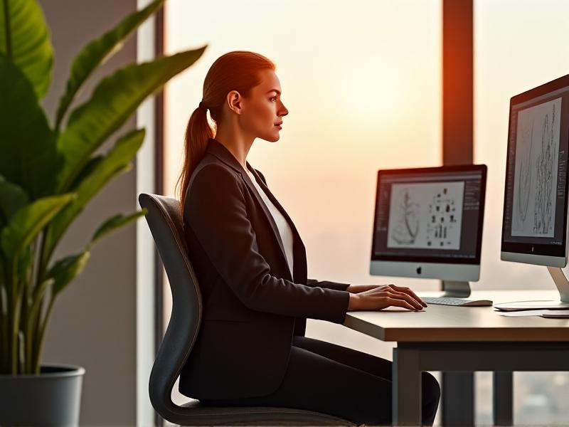 A young woman in business casual attire performs a seated spinal twist, gripping her office chair’s backrest. Sunlight streams through floor-to-ceiling windows, illuminating her relaxed smile and the vibrant green of a potted monstera plant in the foreground. Her computer screen displays a paused webinar.