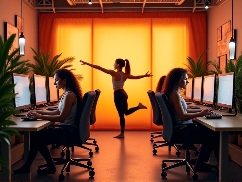 A diverse group of office workers in a bright co-working space practicing subtle stretches: one person rotating their wrists while typing, another standing to stretch calves, and a third doing seated spinal twists. Plants and modern decor create a calming atmosphere.