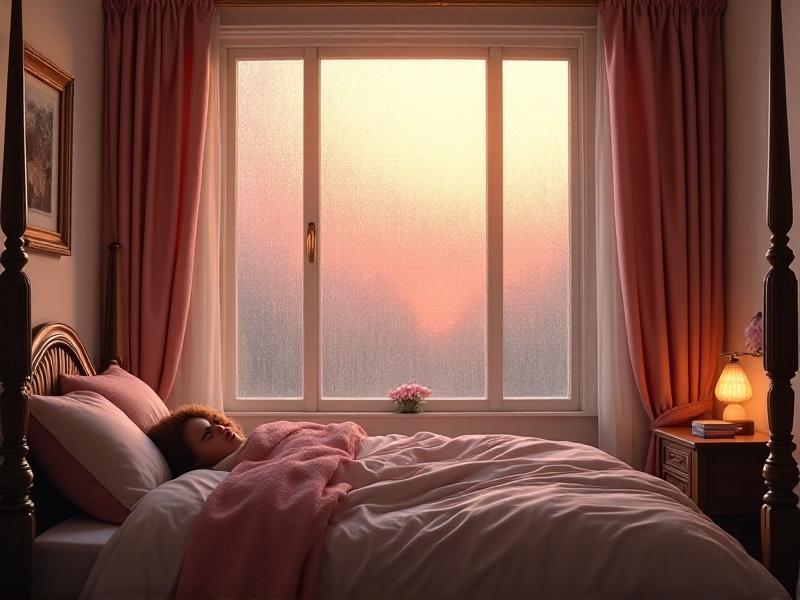 A cozy bedroom at dusk with a large window showcasing a rainy landscape. A visible pink noise waveform floats above a sleeping figure, blending warm golden light with raindrop textures. The image combines comfort, technology, and natural elements to depict serene auditory environments.