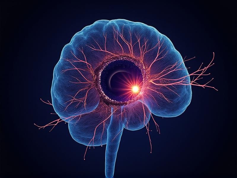 A detailed scientific illustration of the human eye, highlighting intrinsically photosensitive retinal ganglion cells (ipRGCs) in vibrant colors. The cells are shown transmitting signals to the brain's suprachiasmatic nucleus, with neural pathways glowing against a dark background, representing the non-visual biological impact of light.