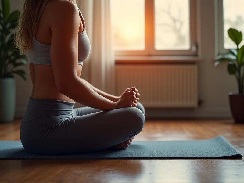 A person performing a wrist curl exercise with a light dumbbell, seated on a yoga mat in a well-lit home gym. Focus on forearm muscle engagement and proper wrist alignment, with warm sunlight casting gentle shadows.