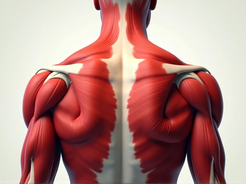 A detailed anatomical illustration of the human upper body, showcasing muscles like the trapezius, levator scapulae, and rhomboids in soft red tones against a neutral background. The style is educational, with labels and arrows highlighting tension-prone areas.