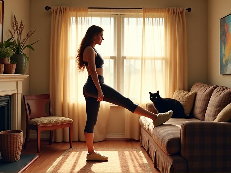 A woman in a cozy living room performing a standing calf raise while folding laundry, sunlight streaming through curtains onto a yoga mat nearby. A cat watches curiously as she balances with one hand on the couch.