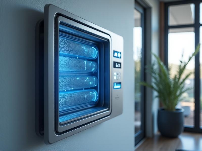 A cutaway view of a high-tech HRV system installed in a suburban home, showing airflow through ducts with heat exchange chambers. The system is sleek and metallic, integrated into a grey wall with digital controls displaying airflow metrics and energy savings. Soft blue accents suggest cool, clean air circulation.