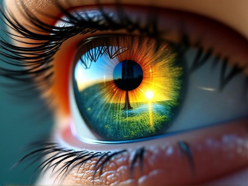 A close-up of human eyes transitioning from screen glare to a green horizon. One eye reflects a bright computer monitor, while the other shows a serene landscape with sunlight filtering through trees, symbolizing the shift from strain to relief.