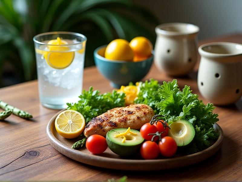 A glass of water with lemon slices and a bowl of vibrant mixed greens, avocado, cherry tomatoes, and grilled chicken on a wooden table, natural daylight, fresh and inviting post-work recovery meal.