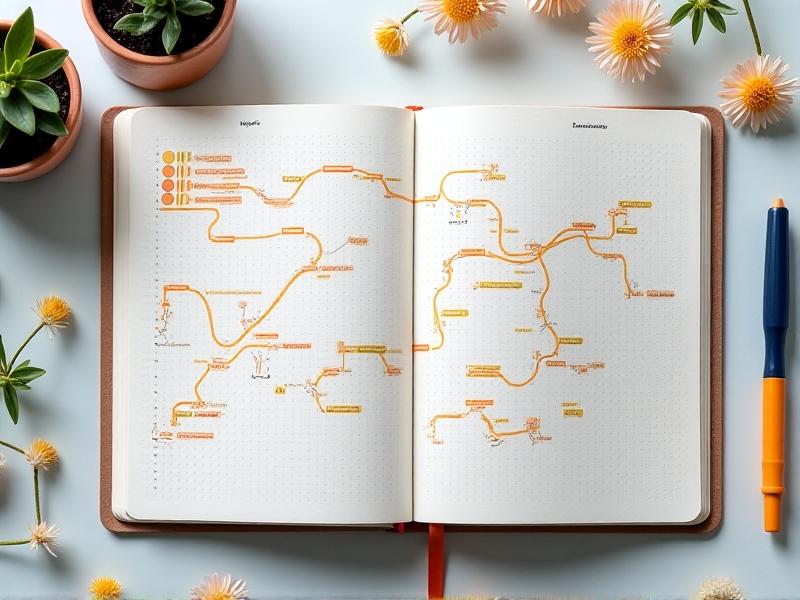 Overhead view of a notebook with colored timelines marking daily activities like 'morning coffee' and 'commute,' paired with posture check symbols, soft watercolor highlights emphasizing routine analysis.