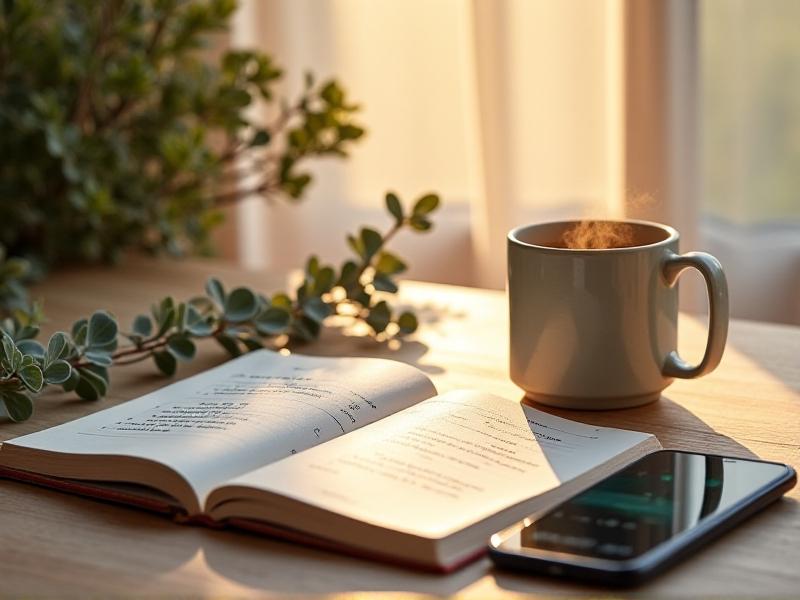 A sunlit desk with a curated wellness kit: a steaming mug, eucalyptus sprigs, a journal open to a sketched schedule, and a phone showing a meditation app. Warm natural lighting with bokeh effects highlights textures of wood and linen. Style: cozy lifestyle photography with earthy tones.