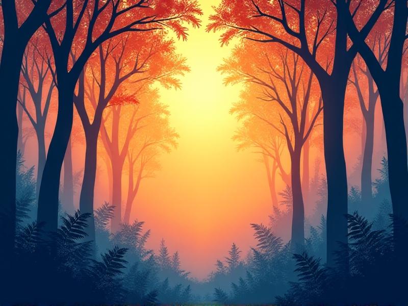 A digital illustration of a sunlit forest with overlapping translucent layers showing audio frequency spectrums in warm oranges and cool blues. Trees and ferns are stylized with waveform textures, merging technology and nature to visualize sound’s impact on relaxation.
