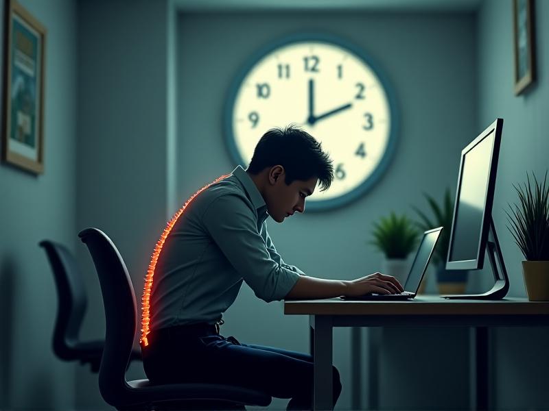 A mid-shot of a tired office worker slouched over a laptop, lower back rounded against a poorly adjusted chair. Harsh overhead lighting casts shadows on strained neck muscles. The muted color palette underscores fatigue, with a clock on the wall showing 3:00 PM. Realistic texture details highlight postural collapse.