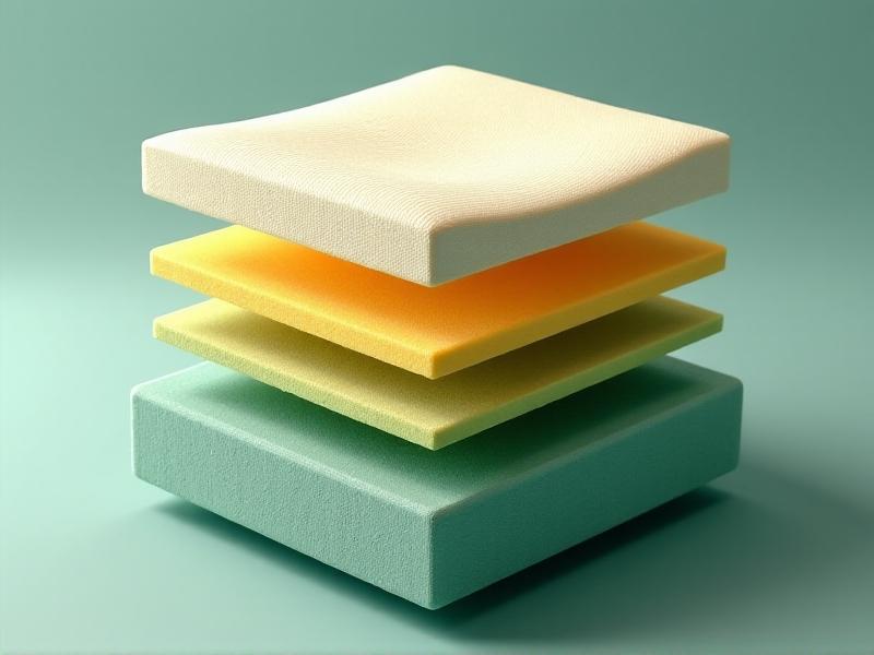 Exploded view of a chair seat cushion revealing multiple layers: green high-density foam base, yellow latex mid-layer, and a breathable mesh cover. A ruler beside them shows measurements, with annotations explaining density and thickness ratios.