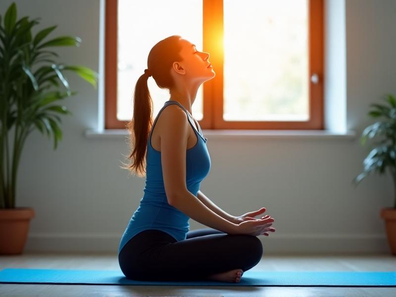 A woman sitting upright on a yoga mat, performing a chin tuck by gently retracting her head backward. Bright natural light from a window illuminates her form. She wears a blue tank top and black leggings. Keywords: cervical retraction, neck exercise, postural correction.