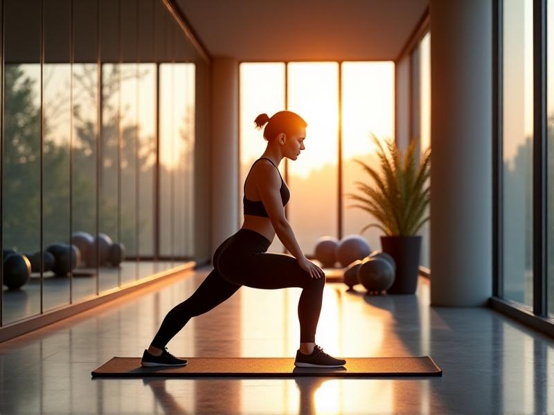 A fitness instructor in a sunlit studio demonstrates a glute bridge, with careful attention to spinal alignment and engaged core muscles. Soft natural lighting accentuates muscle contraction, while a mirrored wall reflects proper form for viewers.