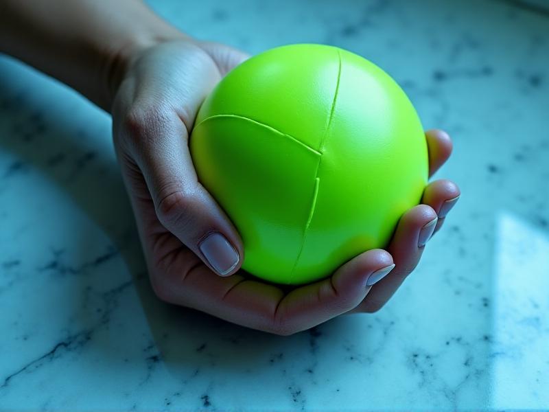 A hand gripping a neon-green stress ball on a marble-textured surface, veins slightly visible from exertion. Cool-toned shadows contrast with the vibrant ball, highlighting muscle engagement in the forearm and fingers.