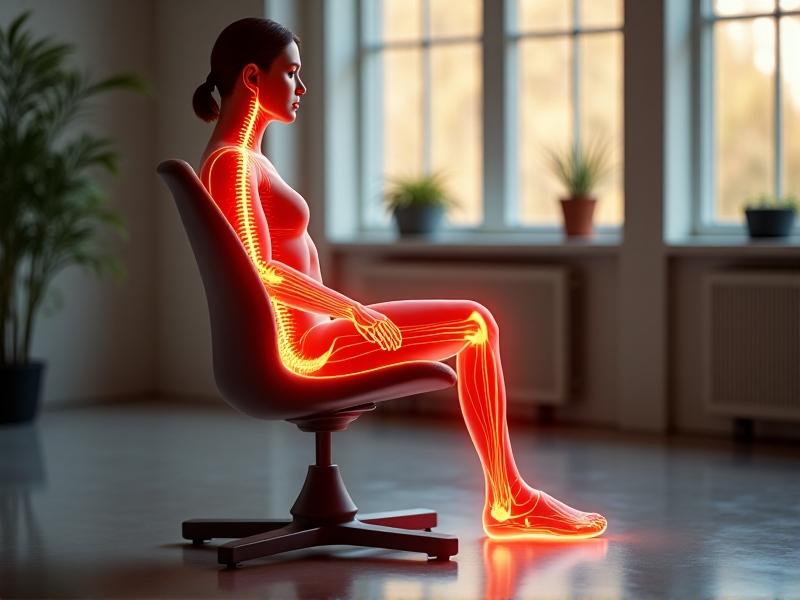 An anatomical illustration overlay on a person using a wobble chair, showing muscle activation in the core and legs, with arrows indicating balanced weight distribution and spinal alignment. Soft office lighting highlights ergonomic principles.