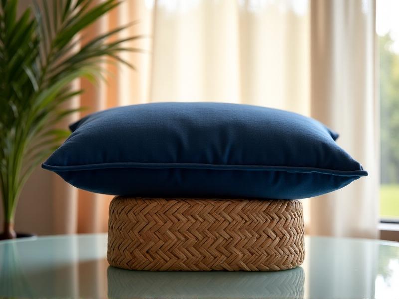 A navy blue memory foam pillow resting atop a woven storage basket, positioned under a sleek glass desk. Morning light catches dust particles in the air, emphasizing the cozy texture contrast between the pillow’s knit cover and the basket’s rigid structure.