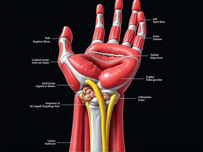 Cross-sectional medical illustration of a human wrist, color-coded tendons in red and nerves in yellow, carpal bones labeled with white annotations, dark background with clinical lighting, hyper-detailed vector drawing style for educational purposes.