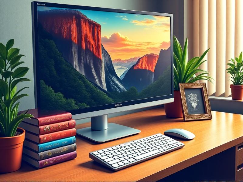 A 27-inch monitor resting on a stack of hardcover books with colorful spines, surrounded by a wireless keyboard, a potted succulent, and a framed photo. Sunlight streams through blinds, casting soft shadows on the wooden desk.