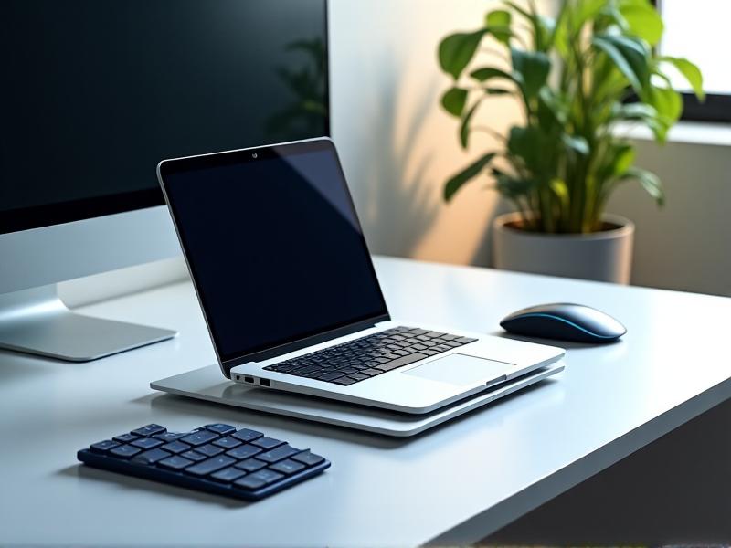 A sleek aluminum laptop stand holding a silver laptop at eye level on a minimalist desk, with an external keyboard and mouse, soft ambient lighting, and a plant in the background, conveying a modern, organized workspace.