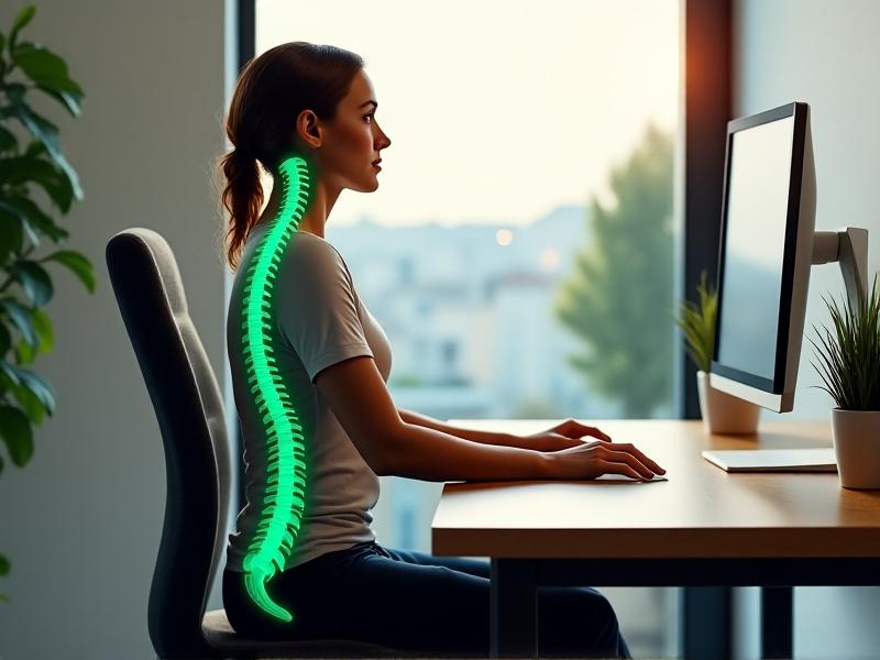 A side-view diagram of a person sitting at an ergonomic workstation, with green lines highlighting spinal alignment. The document holder is positioned at eye level beside a monitor, both at arm's length. Soft natural light illuminates the desk, and the chair supports lumbar curvature.