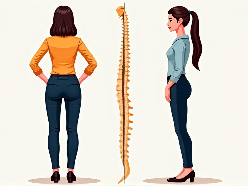 A split-image infographic contrasting correct and incorrect desk postures. The left side shows a person with aligned ears, shoulders, and hips, while the right side depicts slouched shoulders and a tilted neck. Annotations highlight spinal alignment and muscle strain zones.