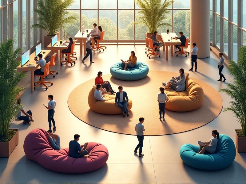 An open-plan office with zones labeled by postural demand: a lounge area with bean bags (resting), standing desks with monitors (active work), and a circular walking track around the perimeter. Employees are shown engaging in different activities, with sunlight streaming through large windows. The perspective is isometric, with a mix of photorealistic textures and vector elements.