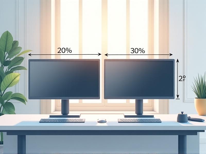 A technical diagram illustrating proper dual monitor alignment. Two monitors are positioned symmetrically, their top edges at eye level. Arrows indicate a 20-degree inward tilt and an arm's-length distance from the viewer. The background features minimalist office decor with neutral colors, clean lines, and soft natural light from a nearby window.