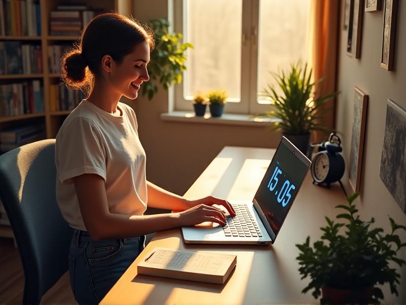 A person in casual attire standing at a desk, smiling slightly while typing on a laptop. The desk height aligns with their forearm, and sunlight streams through a window beside them. A digital timer on the desk shows a 15-minute countdown, with a notebook open to a to-do list.