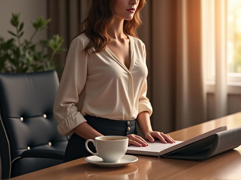 A woman in casual office attire performing a seated spinal twist, hands on the chair armrest. A coffee cup and notebook sit on the desk beside her. Warm overhead lighting highlights the stretch’s dynamic motion, conveying ease and accessibility.