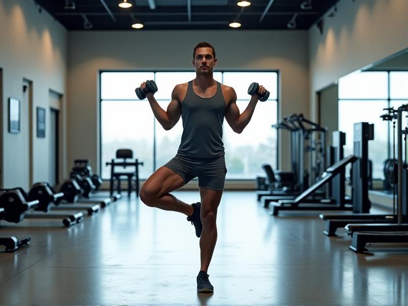 A person standing on one leg in a modern gym, wearing casual workout attire. The bright, even lighting highlights their posture as they gaze forward, arms slightly outstretched for balance, with exercise mats and light weights in the background.