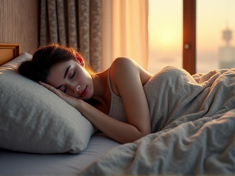 A person lying on their side with a body pillow hugged to their chest and a firm cushion between their bent knees. Warm, ambient light highlights proper hip and shoulder alignment against a neutral-toned bedsheet.