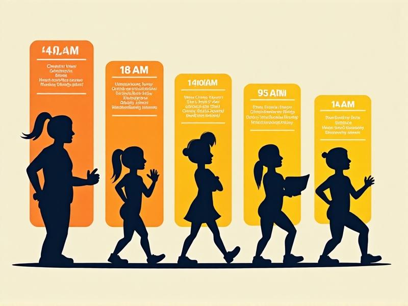 An infographic-style illustration showing a timeline of a workday from 9 AM to 5 PM. Every hour, a cartoon character performs a different 60-second stretch: chair squats at 10 AM, shoulder shrugs at 11 AM, etc. The background resembles a smartphone notification interface with pop-up reminders in cheerful yellow and orange tones.