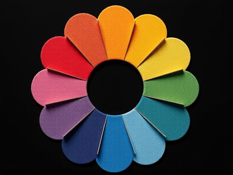 A circular color wheel segmented into emotional associations: red for passion, blue for trust, green for balance, etc., overlayed with fabric texture samples like silk, tweed, and denim.