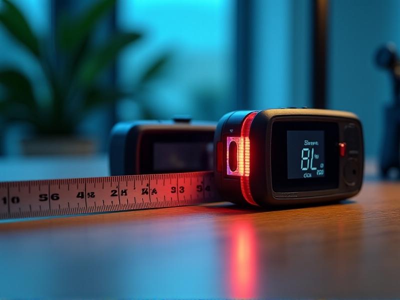 A close-up of ergonomic tools laid on a desk: a metallic tape measure unfurled, a digital angle finder displaying 90 degrees, and a sleek laser distance meter with a red beam. The background features soft blue tones and warm task lighting, creating a professional yet approachable aesthetic focused on accuracy and usability.