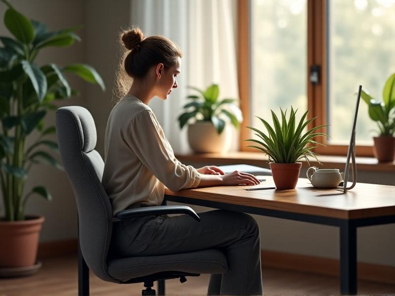 A person in a gray chair twisting their torso, one hand on the desk and the other on the chair. Bright morning light casts sharp shadows, with warm wood tones and a succulent plant adding vibrancy to the realistic office setting.