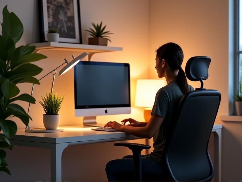 A modern home office with a person sitting at an adjustable desk, knees and elbows bent at 90 degrees. Warm lighting, a green plant, and minimalist decor create a calm, productive atmosphere. The chair features lumbar support and adjustable armrests.