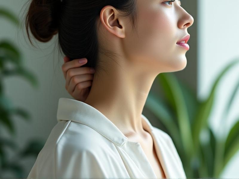 Close-up of a person in a white blouse gently holding their head during a neck stretch, with a blurred office background. Soft natural light highlights relaxed facial expressions, and muted greens convey tranquility.