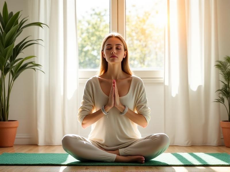 A woman practicing eye exercises: sitting cross-legged on a yoga mat, she holds her palms over her closed eyes. Soft morning light filters through sheer curtains, casting warm golden hues across the scene.