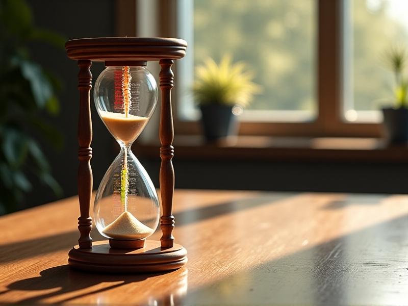 A sand hourglass with a two-hour timer sits beside an anatomical illustration of a human spine. The spine graphic shows color-coded pressure zones, transitioning from green to red in areas under stress. Soft natural lighting casts gentle shadows on a wooden desk surface.