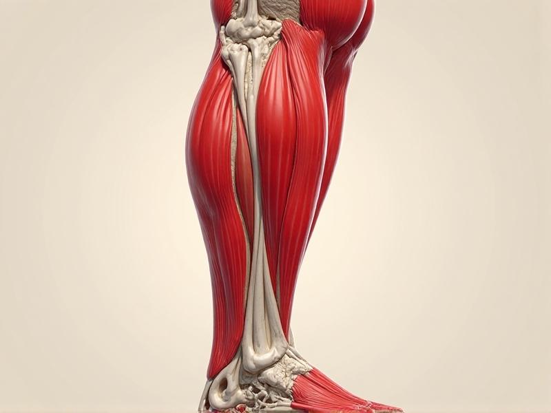 A detailed cross-sectional illustration of human leg muscles and fascia in shades of red and beige, showing connective tissue layers and blood vessels. Arrows indicate areas where fascia binds to muscle due to immobility, with annotations explaining adhesion points.