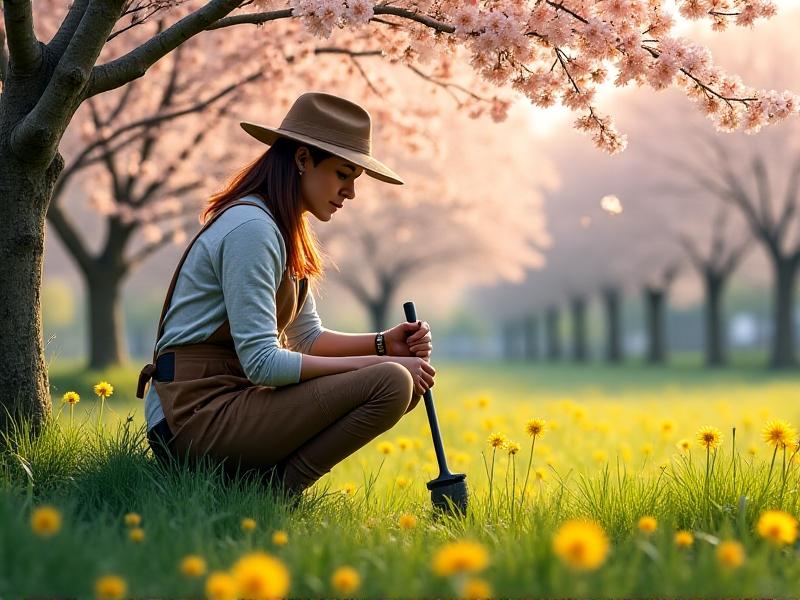 A gardener with knee pads uses a long-handled weeding tool, maintaining a neutral spine while tending flower beds. Dappled sunlight filters through cherry blossoms onto their wide-brimmed hat. A kneeling bench with ergonomic handles sits nearby in vibrant green grass dotted with yellow dandelions.