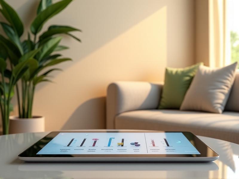 A digital tablet displaying a sound-mixing interface with adjustable sliders for nature sounds, music, and ambient noise. The background shows a minimalist living room with plants and soft lighting, emphasizing user control and harmony between technology and personal well-being.