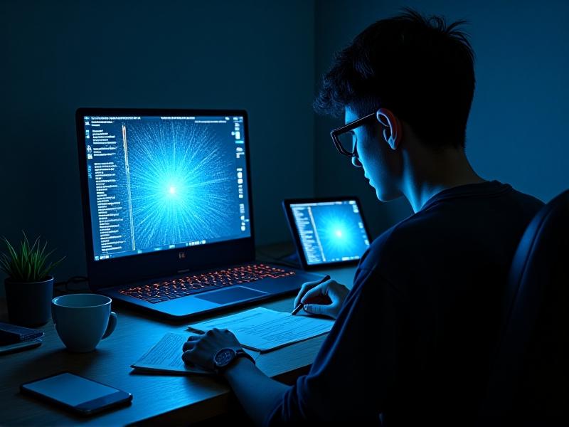 A cluttered desk with multiple glowing screens—a laptop, tablet, and smartphone—showcasing blue light emission. The dark room is illuminated only by device screens, casting harsh shadows on tired eyes squinting at spreadsheets and social media feeds.