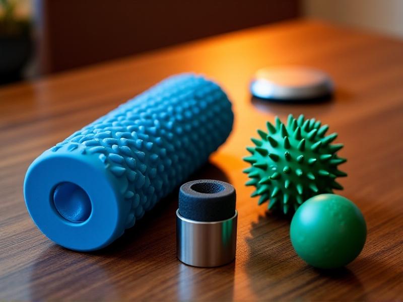 An array of self-massage tools arranged on a wooden desk: a blue foam roller, a spiky green massage ball, a lacrosse ball, and a stainless steel gua sha tool. Warm ambient lighting highlights textures, creating an inviting, practical aesthetic.