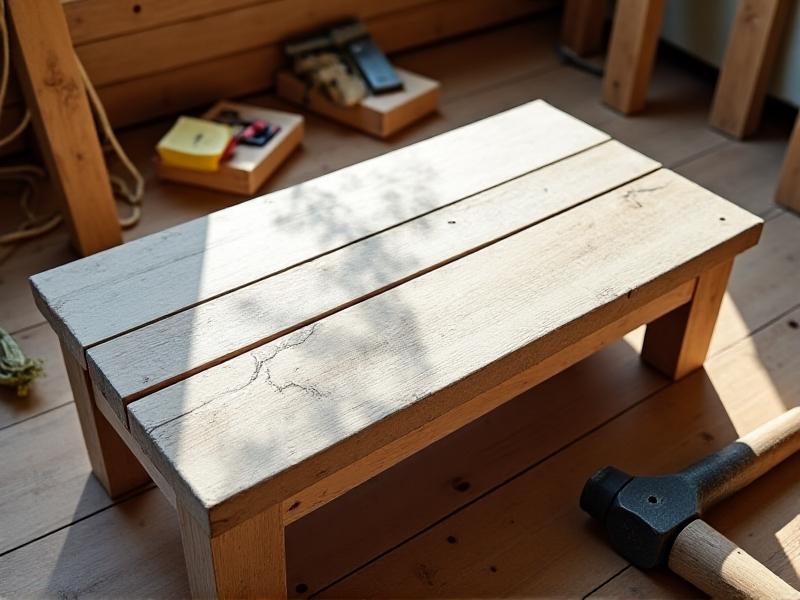 A rustic DIY footrest made from reclaimed pine planks, showing visible wood grain and matte white paint. Soft afternoon light highlights carpenter’s pencil marks on the unfinished edge, with tools like a sanding block and measuring tape artfully arranged in the background.